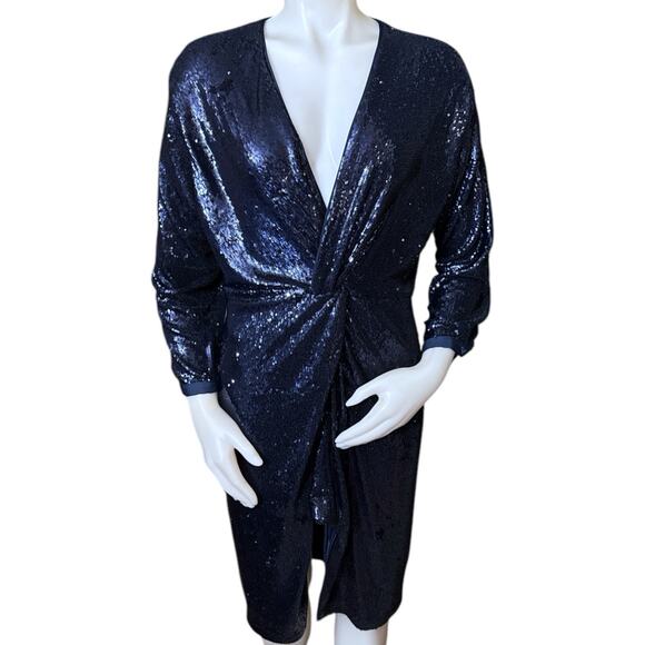 Anthropologie Dresses & Skirts - Anthropologie Women's Navy Blue Twist-Front Sequin Wrap Sheath Dress Size 10P